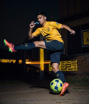 Realistic, handsome men,Soccer Players,dark blue and yellow jersey,man,light_painting,neon lights, neon