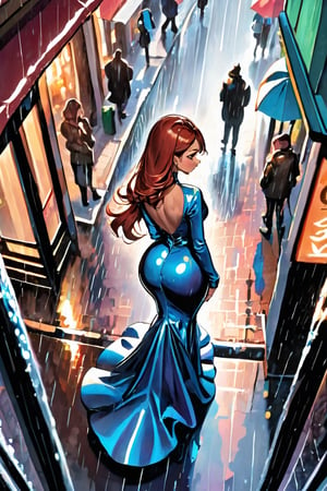 Arched back ,girl wearing tight shiny gown standing on the street ,big ass, curvy_hips ,aerial view ,very_high_resolution, rain, 