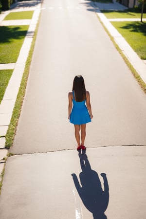 Arched back , girl standing in street, aerial view