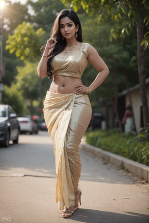 Tamil aunty ,age 32, wearing half saree, touching_hair, curvy_hips, abs, fit, big ass, long_hair, terrace, very_high_resolution, Bokeh, lensflare, sharp focus, fully_clothed, fully_dressed, exposed_navel, hand_on_waist