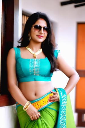 Tamil aunty ,age 32, wearing half saree, touching_hair, curvy_hips, abs, fit, big ass, long_hair, terrace, very_high_resolution, Bokeh, lensflare, sharp focus, fully_clothed, fully_dressed, exposed_navel, hand_on_waist,missiongrab