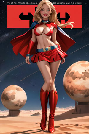 Full body, 1woman, sexy, ((medium breasts)), stripped white and red superheroine costume, miniskirt, cleavage cutout, smiling, sexy pose, in mars surface, star sky,magazine cover,cartoon