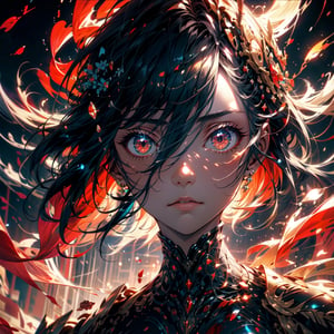 (masterpiece, best quality, ultra-high detailed:1.2) ((high-res)), ((antialiased)), anime realistic, 4k, 1girl, mature, long black hair, (crystal red eyes), cyber armor, cyber style, medium breast, (fighting in catastrophic battlefield), (blood), (arrogant), (cold expression), wide angle, pov from afar, detailed background, sharp focus, perfect hand, midjourney,High detailed ,midjourney