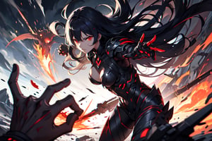 (masterpiece, best quality, ultra-high detailed:1.2) ((high-res)), ((antialiased)), anime realistic, 4k, 1girl, mature, long black hair, (crystal red eyes), cyber armor, cyber style, medium breast, (fighting in catastrophic battlefield), (blood), (arrogant), (cold expression), wide angle, pov from afar, detailed background, sharp focus, perfect hand, midjourney