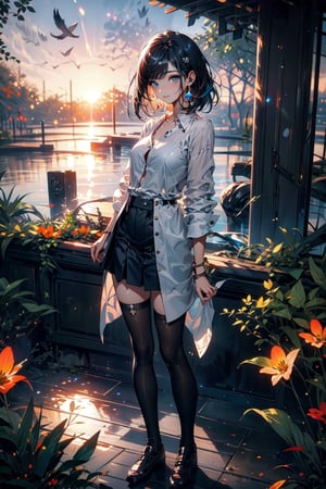 (masterpiece), best quality, high resolution, highly detailed, detailed background, perfect lighting, 1girl solo, bangs, korean girl, 20 yo, highres, solo, garden, sunset,black hair, short hair, water,eye smile,lips smile,{beautiful and detailed eyes},calm expression,slim body,medium natural breast, glamor,full_body, yoona, school uniform, short skirt, standing, unbutton shirt,keqingdef