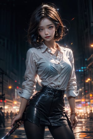 (masterpiece), best quality, high resolution, highly detailed, detailed background, (battlefield), perfect lighting, 1girl solo, bangs, korean girl, 20 yo, highres, solo, sunset,black hair, short hair,eye smile,lips smile,{beautiful and detailed eyes},cold expression,slim body,medium natural breast, glamor,full_body, yoona, school uniform, short skirt, standing, unbutton shirt, welding a katana,High detailed 