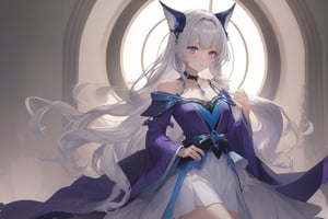 masterpiece, best quality, best resolution, accurate hands, detalied, Hair Color: Silvery-blue, cascading down in loose waves.
Eye Color: Deep amethyst, with a hint of mystery.
Height: Average height, slender build.
Clothing Style: Hikari wears a flowing, ethereal dress with hues of blue and silver. A silver crescent moon pendant hangs from a delicate chain around her neck.
