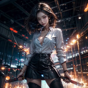 (masterpiece), best quality, high resolution, highly detailed, detailed background, perfect lighting, 1girl solo, bangs, korean girl, 20 yo, highres, solo, (battlefield), sunset,black hair, short hair,eye smile,lips smile,{beautiful and detailed eyes},cold expression,slim body,medium natural breast, glamor,full_body, yoona, school uniform, short skirt, standing, unbutton shirt, welding a katana,High detailed 