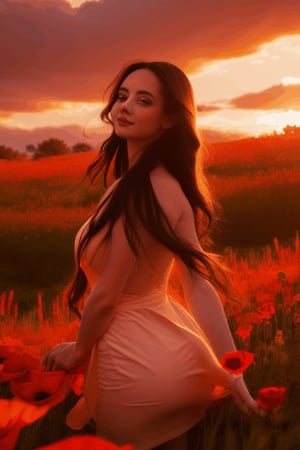 A cute young girl in sexy dress and posing , hair cascading like a waterfall, immersed in a vast expanse of red poppy fields, bathed in golden sunset glow. Long shadows from the blooms add depth, under a serene, orange sky, promising a captivating video.