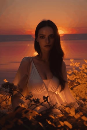 Enchanted maiden with cascading black locks and a big dog  amidst a sea of azure blossoms, bathed in golden sunset hues, long shadows cast by blooms, and a tranquil, orange sky, perfect for a mesmerizing video.