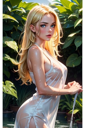 ((Plants background)), beautiful Russian girl posing, (30 year old Russian girl),((Beautiful bright blonde hair)), sexy body, ,{{{Masterpiece}}}, {{ {Best quality}}}, {{{High Resolutions}}}, {cinematic lighting}, Model body type, Detailed skin, realistic, different poses, kristinapimenova, (longhair), blonde_hair, realistic face, white dress, wet, wet clothes, wet dress