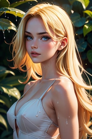 ((Plants background)), beautiful Russian girl posing, (30 year old Russian girl),((Beautiful bright blonde hair)), sexy body, ,{{{Masterpiece}}}, {{ {Best quality}}}, {{{High Resolutions}}}, {cinematic lighting}, Model body type, Detailed skin, realistic, different poses, kristinapimenova, (longhair), blonde_hair, realistic face, white dress, wet clothes, wet dress