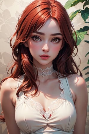 ((Plants background)), beautiful Russian girl posing, (30 year old Russian girl),((Beautiful bright redhead hair)), sexy body, small breasts, {{{Masterpiece}}}, {{ {Best quality}}}, {{{High Resolutions}}}, {cinematic lighting}, Model body type, Detailed skin, realistic, different poses, kristinapimenova, (longhair), redhead, realistic face, seductive, lace very short dress, beige dress with indu details, taaarannn