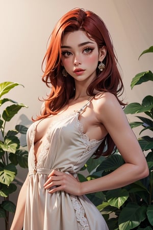 ((Plants background)), beautiful Russian girl posing, (30 year old Russian girl),((Beautiful bright redhead hair)), sexy body, small breasts, {{{Masterpiece}}}, {{ {Best quality}}}, {{{High Resolutions}}}, {cinematic lighting}, Model body type, Detailed skin, realistic, different poses, kristinapimenova, (longhair), redhead, realistic face, seductive, lace very short dress, beige dress with indu details, taaarannn