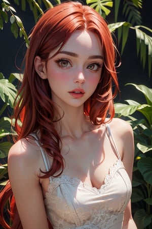 ((Plants background)), beautiful Russian girl posing, (30 year old Russian girl),((Beautiful bright redhead hair)), sexy body, small breasts, {{{Masterpiece}}}, {{ {Best quality}}}, {{{High Resolutions}}}, {cinematic lighting}, Model body type, Detailed skin, realistic, different poses, kristinapimenova, (very longhair), redhead, realistic face, seductive, lace very short dress, beige dress with indu details, taaarannn
