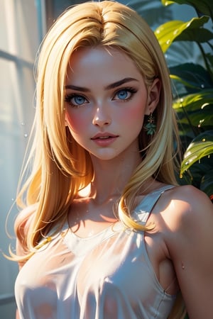 ((Plants background)), beautiful Russian girl posing, (30 year old Russian girl),((Beautiful bright blonde hair)), sexy body, ,{{{Masterpiece}}}, {{ {Best quality}}}, {{{High Resolutions}}}, {cinematic lighting}, Model body type, Detailed skin, realistic, different poses, kristinapimenova, (longhair), blonde_hair, realistic face, white dress, wet clothes, wet dress