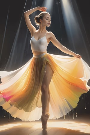 an image of a beautiful young female, mid 20s, dancing ballet, wearing a long transparent flowing skirt, sheer skirt, halter top, dynamic lighting, vibrant, extremely detailed, ultra realistic, 10k high resolution, samdoesart,dripping paint