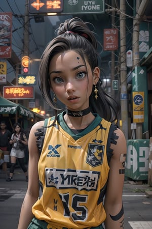 1girl, African American, long dark hair, long_ponytail, (brown skin), detailed face, green eyes,  wearing a basketball uniform, cyberpunk, vibrant, highly detailed background, cinematic lighting, ultra-realistic, hyper-realistic, hyper-detailed, wearing baseball_uniform