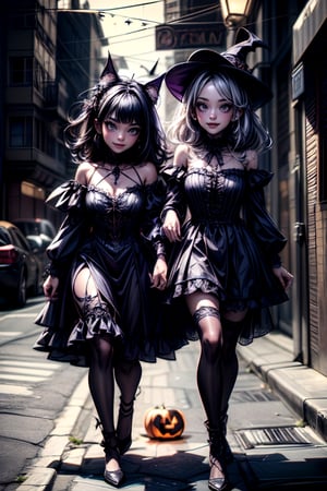 (masterpiece), (best quality), ultra realistic, cinematic lighting, two female friends in Halloween costumes walking down the street at nighttime, smiling happy, arm in arm, starry night, vibrant colors, Witch costume,halloween