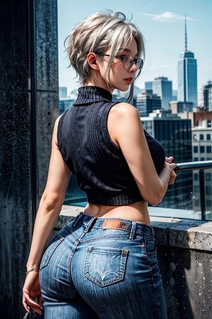 (Masterpiece), (best quality), 1girl, short hair, white hair, beautiful face, wearing glasses, wearing sleeveless cropped sweater vest, exposed_midriff, navel, wearing blue jeans, thick thighs, curvy_hips, nice ass, bubble butt, profile view, looking up at sun, cityscape in background ,black business suit