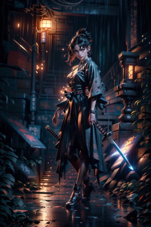 ((full body shot, close up, (masterpiece, best quality, hires, high resolution:1.2), (extremely detailed, realistic, intricate details, highres), dynamic pose, 1girl, solo, dark hair, Updo, bun hair, light smile, smooth skin, detailed skin, (small breasts, thick thighs, wide hips), wearing all black samurai outfit, (hand around sword handle), standing,  looking at viewer, outdoors,  heavily raining, complex background, 1720s Japanese street, dirt road, (dark skies, moonlight, cinematic lighting, perfect lighting, bloom), looking at viewer, ground-level shot, medium close-up shot, ,taikusouko, Samurai girl
