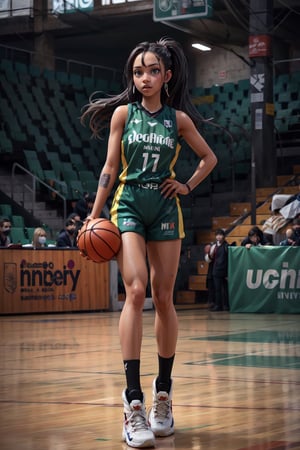 (Full body shot),1girl, African American, standing on basketball court, long dark hair, long_ponytail, (brown skin), detailed face, green eyes,  wearing a basketball uniform, cyberpunk, vibrant, highly detailed background, cinematic lighting, ultra-realistic, hyper-realistic, hyper-detailed, wearing baseball_uniform