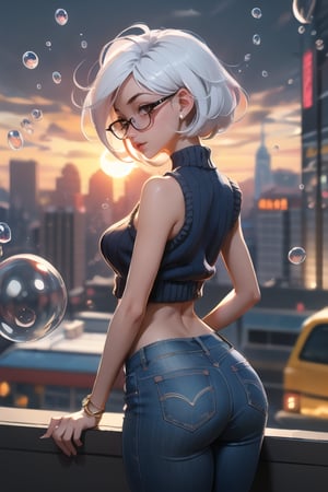 (Masterpiece), (best quality), 1girl, short hair, white hair, beautiful face, wearing glasses, wearing sleeveless cropped sweater vest, exposed_midriff, navel, wearing blue jeans, thick thighs, curvy_hips, nice ass, bubble butt, profile view, looking up at sun, cityscape in background 