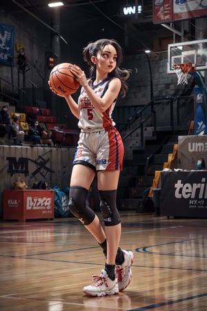 (Full body shot),1girl, standing on basketball court, ((passing a basketball)),long dark hair, long_ponytail, throwing ball, detailed face, blue eyes,  wearing a basketball uniform, cyberpunk, vibrant, highly detailed background, cinematic lighting, ultra-realistic, hyper-realistic, hyper-detailed, wearing baseball_uniform