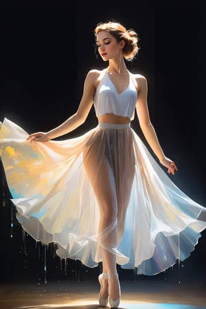 an image of a beautiful young female, mid 20s, dancing ballet, wearing a long transparent flowing skirt, sheer skirt, halter top, dynamic lighting, vibrant, extremely detailed, ultra realistic, 10k high resolution, samdoesart,dripping paint