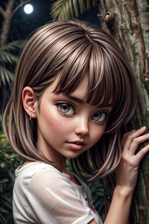 (masterpiece), (best quality), Gabi is a 10 year old girl, short brown hair, ((hiding behind tree looking)), curiously, serious and focused, night time hyper-detailed, realistic, ultra-detailed,