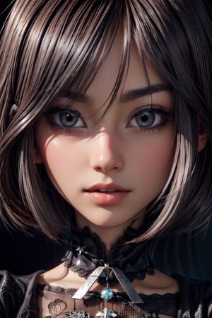 1girl, (extreme close up of half of face), Asian beauty, porcelain skin, ((dark brown eyes)),(dark hair in a bob), (bobbed hair cut), symmetrical eyes, beautifully detailed face, beautifully detailed eyes, dramatic lighting, RAW color photo, ultrarealistic, ultra high resolution, vivid colors, 