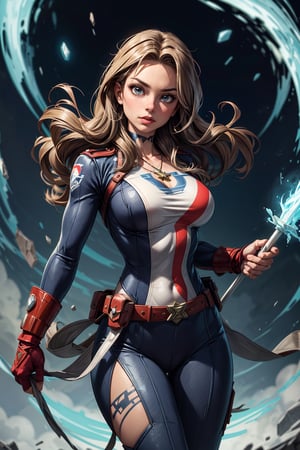 Imagine Agent Peggy Carter transformed into the superhero Captain Britain. She stands tall and proud in her Captain Britain costume, which features the iconic Union Jack flag motif as the dominant design element. The suit is a combination of red, white, and blue, with a British lion emblem on her chest. She wears a helmet that partially conceals her face but leaves enough room for her determined and confident expression to shine through. In one hand, she holds the legendary Amulet of Right, and in the other hand, she wields the mighty Star Sceptre, crackling with power. Behind her, a swirling vortex of mystical energy hints at her connection to otherworldly forces. The background could be a blend of modern and mythic elements, signifying her role as a protector of both realms.