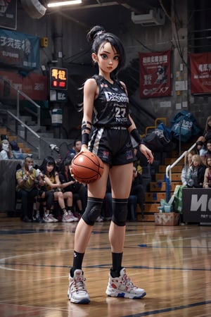 (Full body shot),1girl, Chinese, petite, standing on basketball court, ((shooting the basketball)), short black hair, bobbed cut, making a shot, detailed face, blue eyes,  wearing a basketball uniform, cyberpunk, vibrant, highly detailed background, cinematic lighting, ultra-realistic, hyper-realistic, hyper-detailed, wearing baseball_uniform