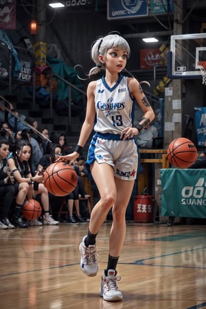 (Full body shot),1girl, petite, standing on basketball court, ((dribbling a basketball)), short white hair, pixie cut, bouncing the ball on floor, detailed face, blue eyes,  wearing a basketball uniform, cyberpunk, vibrant, highly detailed background, cinematic lighting, ultra-realistic, hyper-realistic, hyper-detailed, wearing baseball_uniform