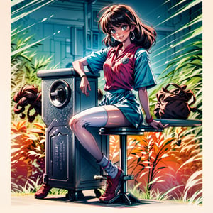 (best quality), (masterpiece), 1girl, caucasian,  18 years old, sitting on a stool,  body angled to the side, looking forward, ankles crossed, full-body_portrait, Brown curly hair, 80's retro hairstyle, wearing a t-shirt with a sweater vest, smiling, looking at the viewer, ankles crossed, corduroy mini skirt, white sheer tights, black shoes,handpull,Oversized shirt