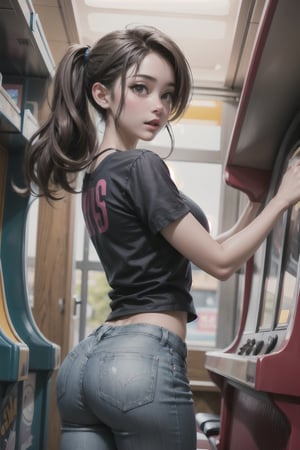 NSFW, (masterpiece), (best quality), 1girls, solo_female, wearing reglan t shirt, Long brown hair, taking off jeans, brown thong, arcade