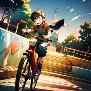 (best quality), (masterpiece), 1 boy riding a bicycle, outside bright and sunny, happy and smiling, jumping off ramp