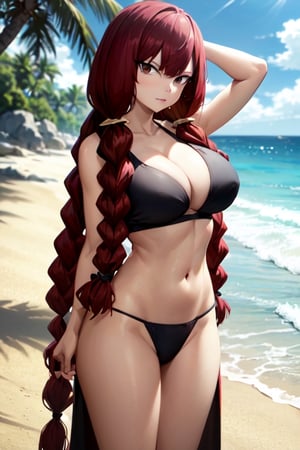 utbikini, pose, hands behind head, cleavage, navel, looking at viewer, beach, sand, palm tree, ocean, masterpiece, absurdres , (intricate details), (colorful),cinematic lighting,bust shot,extremely detailed CG unity 8k wallpaper, irenernd, (extra long braids:1.3)