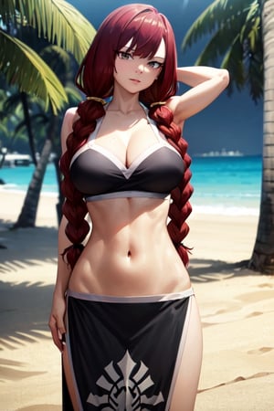 utbikini, pose, hands behind head, cleavage, navel, looking at viewer, beach, sand, palm tree, ocean, masterpiece, absurdres , (intricate details), (colorful),cinematic lighting,bust shot,extremely detailed CG unity 8k wallpaper, irenernd, extra long braids