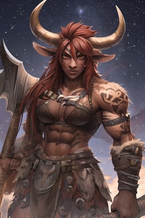 cow girl, COW EARS, COW HORNS, minotaur female, muscular female, (red hair:1.2), B4RB4R14N, leather, fur, holding axe, Coliseum background, outdoors, looking_at_viewer, barbarian tattoos, dark skin, tan, dark sky, dynamic angle