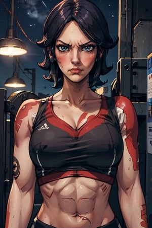 athena (borderlands), 1girl, solo, short hair, frown, (arms_crossed:1.2), upper_body, breasts, (v-neck:1.2), (neckline:1.2), muscular abdomen, navel, toned, (black sport bra:1.2), (masterpiece:1.2), (best quality), (ultra detailed), (8k, 4k, intricate), (highly detailed:1.2), (detailed face:1.2), (detailed background), gym background, night, looking_at_viewer, tattoo, shy, blush, sweating