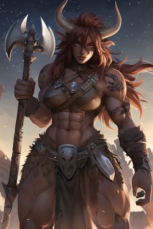 cow girl, COW EARS, COW HORNS, minotaur female, muscular female, (red hair:1.2), B4RB4R14N, leather, fur, holding axe, Coliseum background, outdoors, looking_at_viewer, barbarian tattoos, dark skin, tan, dark sky, dynamic angle