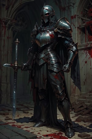 1girl, solo, milf, breasts, warrior, helmet knight, cape, (big shield:1.2), (buster_sword, huge_sword, holding_sword), toned, boot armor, shoulder armor, (masterpiece:1.2), (best quality), (ultra detailed), (8k, 4k, intricate), (highly detailed:1.2), (detailed background), dark dungeon, (blood on floor:1.2), dynamic angle, dynamic pose, darkness, nodf_lora
