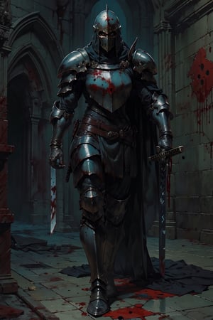 1girl, solo, milf, breasts, warrior, helmet knight, cape, (big shield:1.2), (buster_sword, huge_sword, holding_sword), toned, boot armor, shoulder armor, (masterpiece:1.2), (best quality), (ultra detailed), (8k, 4k, intricate), (highly detailed:1.2), (detailed background), dark dungeon, (blood on floor:1.2), dynamic angle, dynamic pose, darkness, walking, nodf_lora