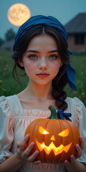 Best quality. chest up, A beautiful country girl showing a glowing jack o'lantern, in a pastoral scenery, looking at viewer, dark french braid held with blue kerchief, expressive white vintage peasant dress, vibrant blue eyes, perfect features, Perfect soft skin, rustic farmhouses, colorful tone, (black+blue+pink+green color:1.2), high contrast, moon light, full moon, Bouguereau painting, depth_of_field,flat colors