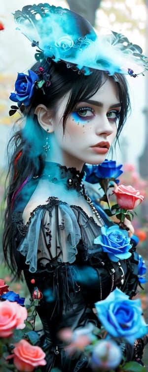 a beautiful young woman with Gothic fasion in a graveyard with azure roses, foggy, puffy, puffy cheeks, cute,
vibrant colors, colorful art style,
soft lighting, soft shadows, detailed textures, dynamic lighting, high camera, cowboy shot, 
nice hands, perfect hands, dark eyes, looking up at viewer, high camera,photo_b00ster