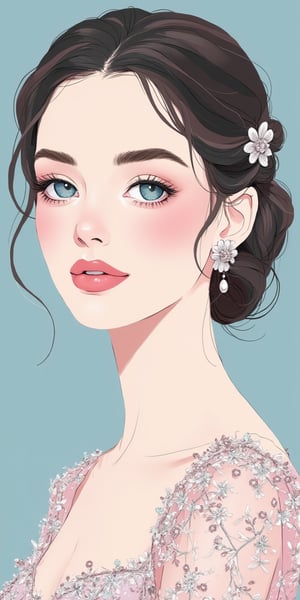 (best quality, masterpiece, ultra-detailed, flat colors, 8K, magazine cover design), a flat color illustration of a stunning young woman with striking azure eyes. Her delicate makeup enhances her natural beauty, with soft highlights on her full lips. Her hair is elegantly styled in soft curls, adorned with small, lustrous pearls, contributing to her graceful and refined look.

She is wearing an exquisite, intricately designed dress with delicate floral embroidery, adorned with pearls and gemstones in soft shades of pink and silver. The flat color palette emphasizes clean lines and smooth shading, adding to the modern, elegant aesthetic of the cover. The overall composition is balanced, with the focus on the woman's striking features and ornate attire, giving the magazine a luxurious and sophisticated visual appeal.