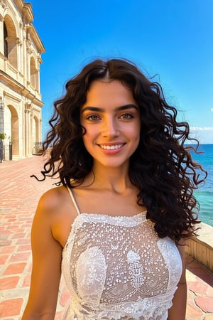 (best quality, masterpiece, top quality, highres, 8K), sharp focus, 
A young beautiful woman with gold-flecked azure eyes and curly dark hair, kind smile, bliss vibes, in a bright mediterranean square, ornate architecture, seashore, epic sky, 
