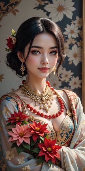 (best quality, masterpiece, ultra detailed, 8K, RAW photo),
a beautiful young woman embracing a bouquet on the chest, solo, garland around the neck, flowers, petals, eye contact,  grey eyes,  flowy black hair,  chignon, smirk,  shaded glossy lips, detailed collarbones,  exquisite colorful brocade costume, prestigous cozy outfit,  sheer ornate cape,  poinsettia wreath, bold shape of realistic detailed necklace,  makeup,  dynamic pose,  BREAK  bliss,  serene,  cinematic  style,  uhd,  upper body portrait photography,  fashion editorial,  accent lighting,  in front of glowing porcelain wall painted with silver/black botanical patterns,  cinematic, photorealistic, octane render, HD 8K DSLR, sharp focus, depth of field,colorful,perfect composition,