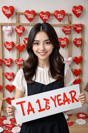 (best quality, masterpiece, ultra detailed, 8K, RAW photo), absurdres, 
a beautiful young woman holding a signboard in art studio,
beautiful typography of text ("TA1YEAR":1.5) on signboard, , a pile of heart shape chocolates,
detailed brown eyes, well defined eyelashes, flowy long black pixie hair, kind smile, lipgloss, realistic blouse ,bliss,joyful, natural light,colorful